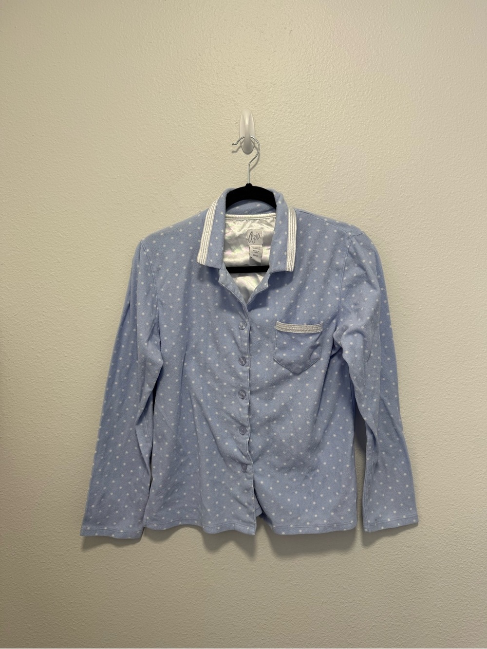 Aria Light Blue Polka Dot Button-Down Fleece Pajama Shirt Size Small